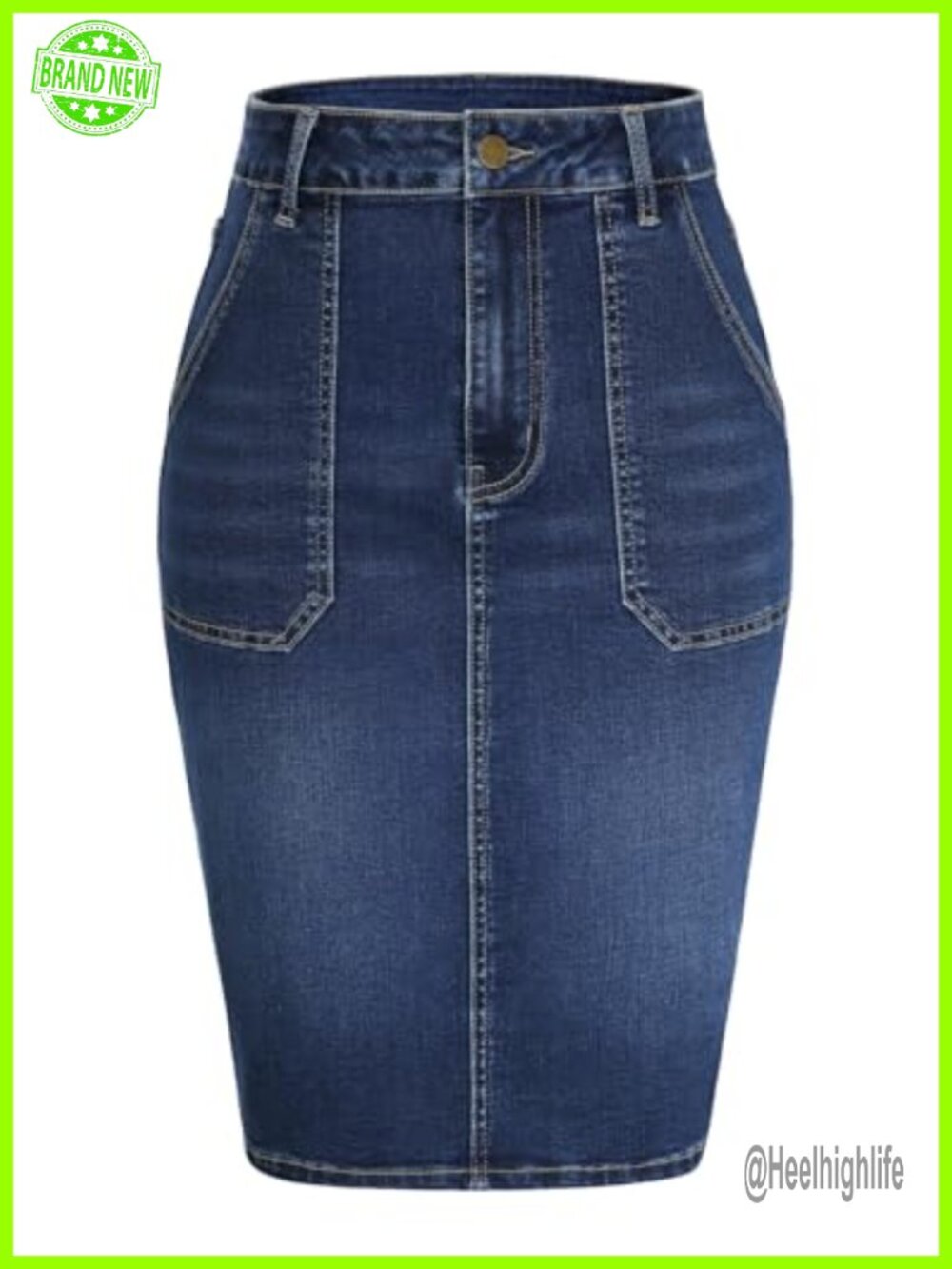 Women's Stretchy High Waisted Midi Denim Skirt with Pockets